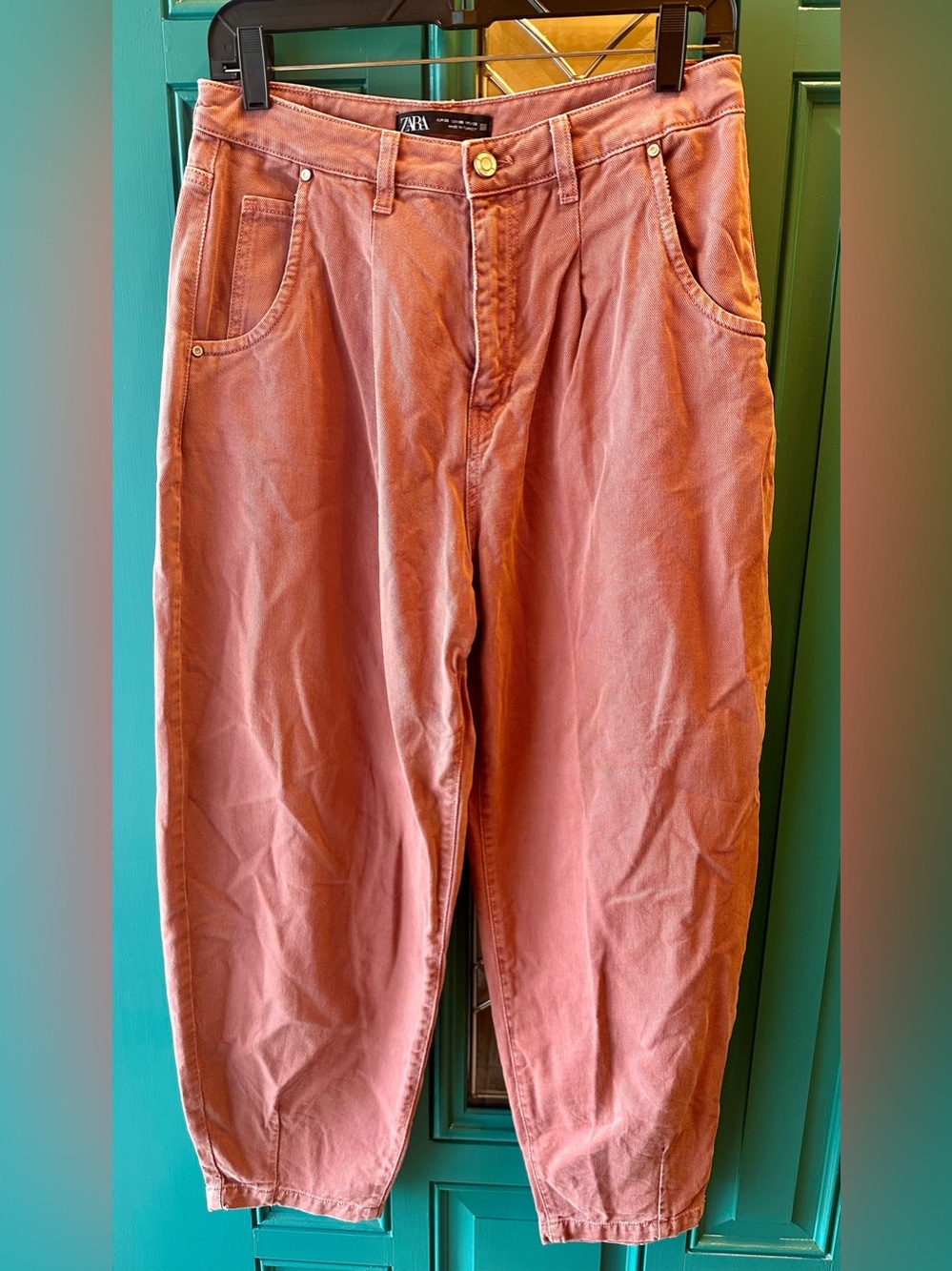 Zara Pleated High Rise Barrel Leg Jeans Rose Pink Balloon Tapered